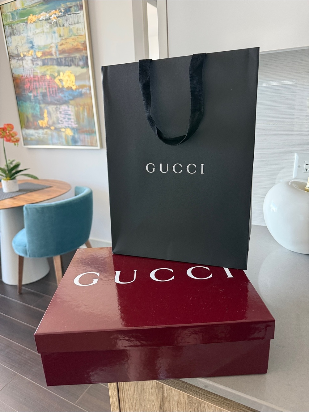 Gucci Glossy Wine Red Box with Black Logo Bag
